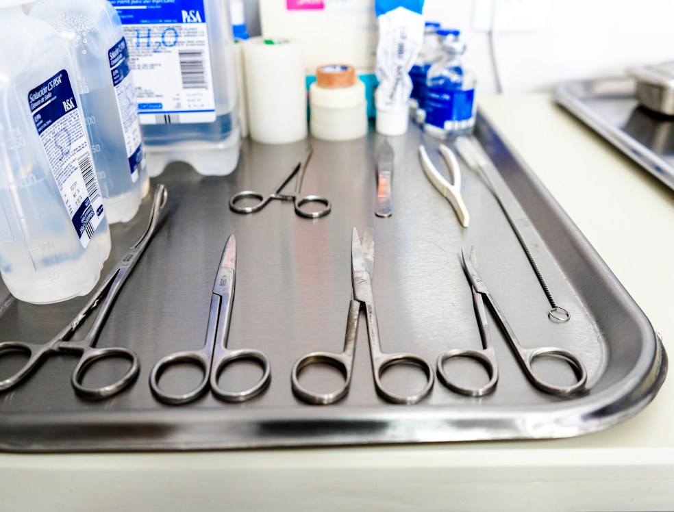 Detailed view of precision spine instruments arranged on a sterile tray.